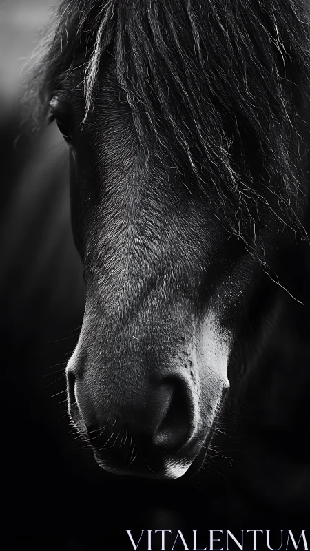 Shadowlit horse muzzle in poetic monochrome silence.