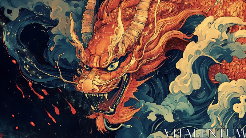 Kinetic oriental dragon head amid stylized crashing ocean waves
