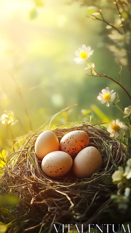 Sunlit woodland nest cradling softly speckled eggs.