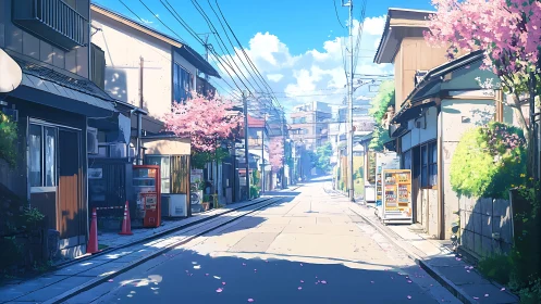 Sunlit residential street shows vending machines and cherry trees
