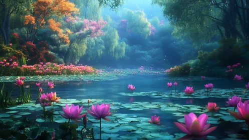 Serene lotus pond under dappled blue light in lush forest
