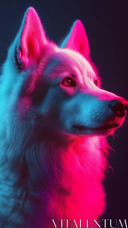 Neon side-lit canine portrait in dual-tone cyberpunk palette.