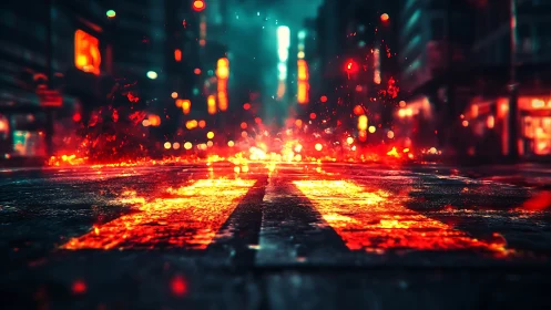 Molten crosswalk ignites a neon-soaked cyberpunk nightscape