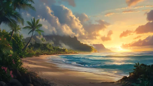 Tropical Sunset over Hawaiian Volcanic Coastline