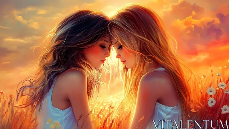 Digital composition depicting luminescent bilateral portraiture with atmospheric chromatic gradation