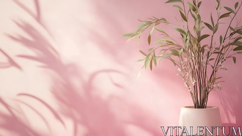Soft directional lighting casts botanical shadows on pink wall