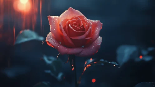 Luminous rose burns through twilight rain in jeweled silence.