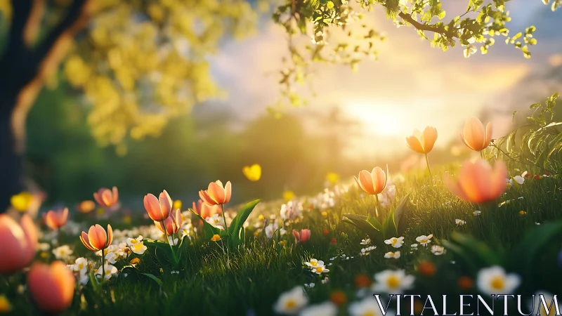 Spring Garden Tulips and Daisies at Golden Hour Sunrise