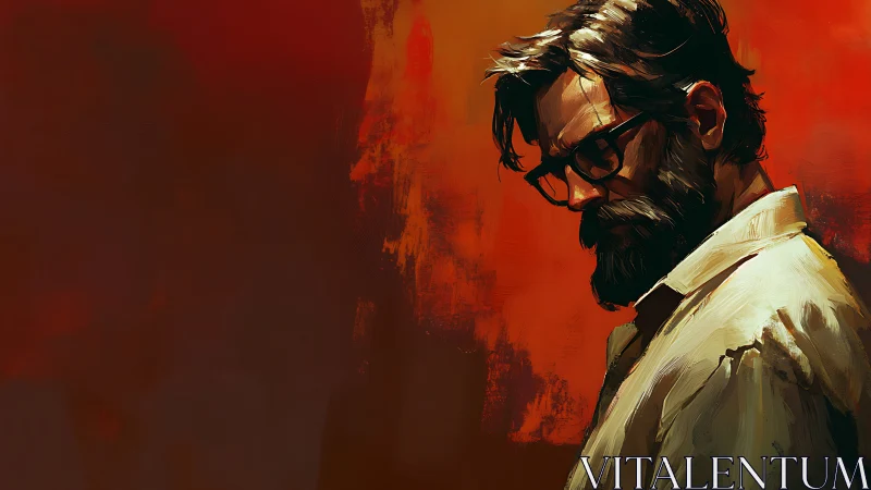Bearded man in glasses against abstract red background.