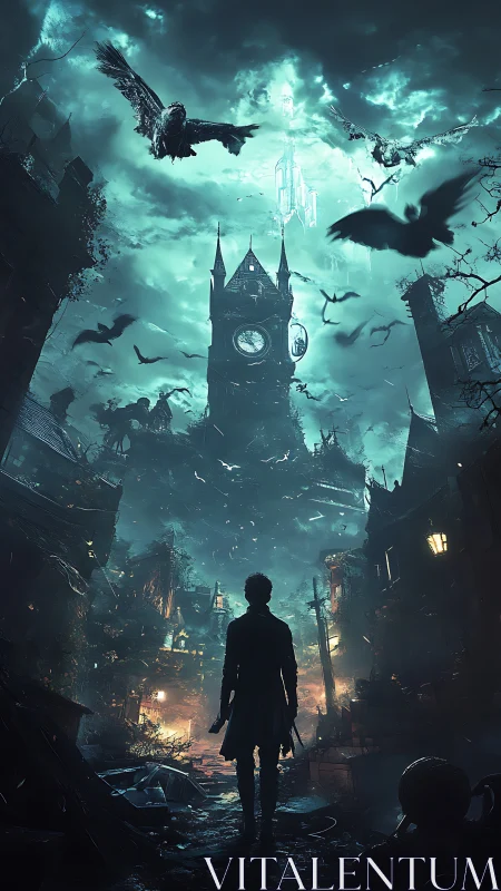 Stormlit gothic clocktower over lone wanderer at dusk.