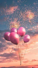 Pink Balloons Rising Into Twilight Sky With Fireworks