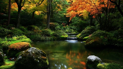 Autumnal Japanese garden pond rendered in high-detail realism