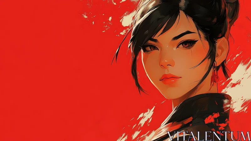 Confident heroine in bold red with a calm, steady gaze.