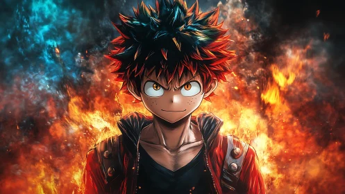 Fiery young hero grins while twin elements collide behind