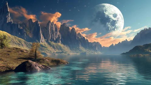 Luminous exoplanetary lake under oversized cratered moonscape.