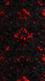 Red and black baroque floral relief pattern repeats vertically