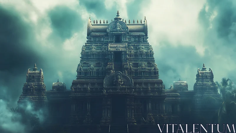 Storm-kissed temple citadel rising through emerald fog.