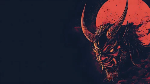 Demonic horned mask face against dark sky and red moon.