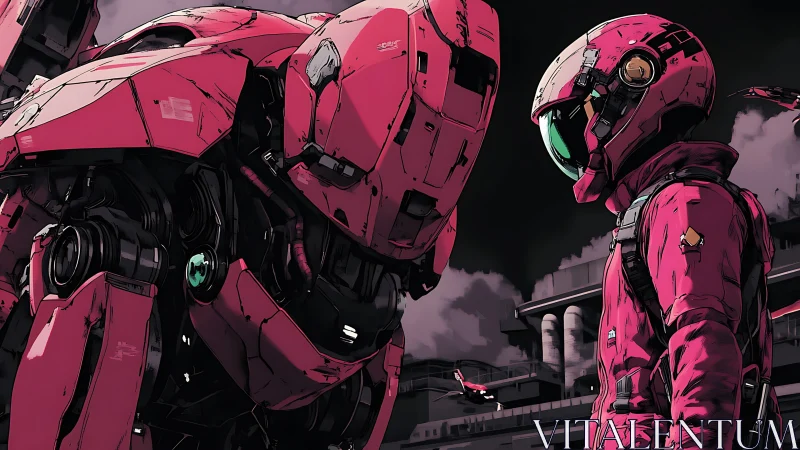 Pink armored mech and pilot facing off in urban dusk scene.