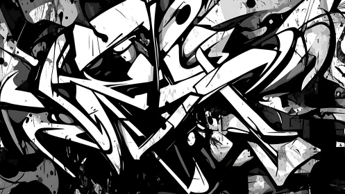 Monochrome abstract graffiti with interlocking angular forms.