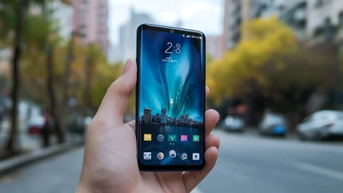 Smartphone displaying urban skyline at 2:28 with app interface.