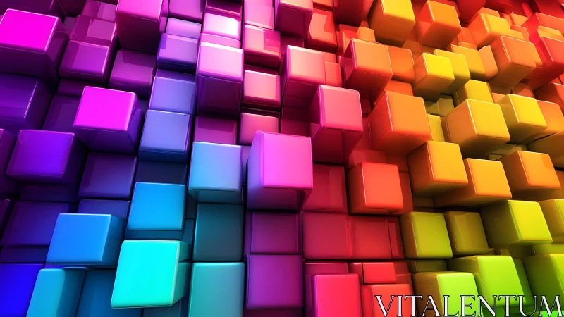 Glossy rainbow cubes form dense geometric 3D gradient wall