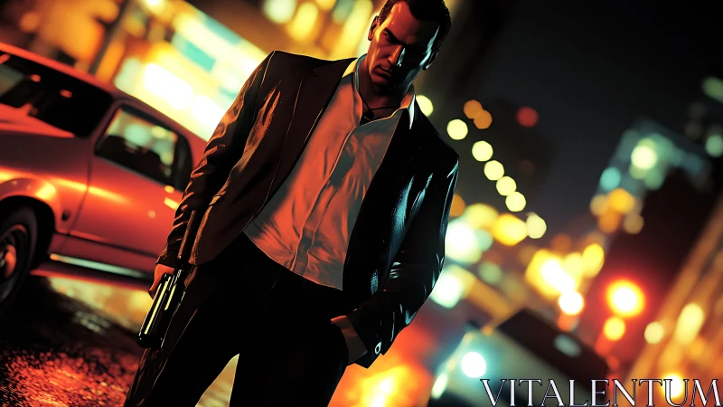 Hitman stands tense beneath neon soaked city streetlights