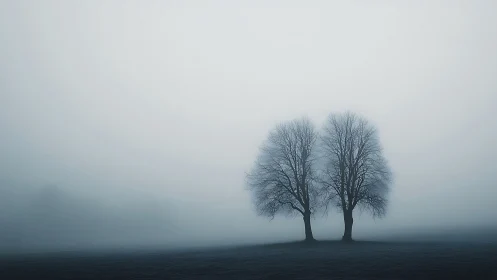 Pair of bare winter trees in dense open field fog.