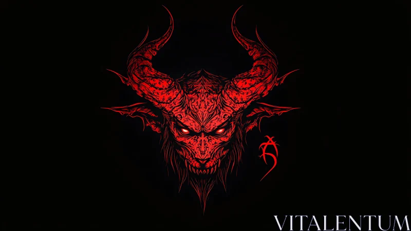 High-contrast red demonic horned skull illustration on black field