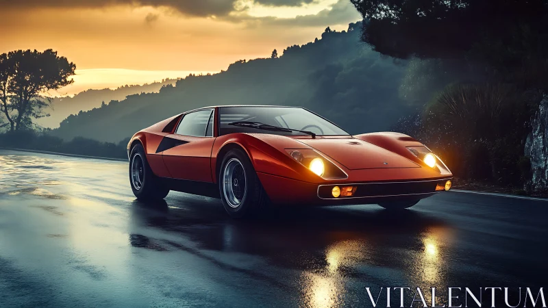 Sunset drive with a classic red sports car on wet roads.
