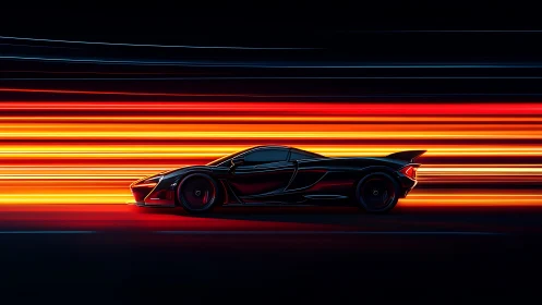 Sleek supercar slices through neon light trails at speed