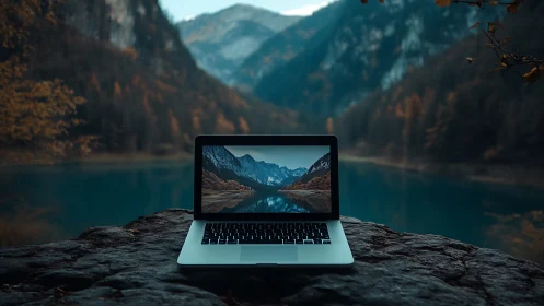 Open laptop aligns digital display with alpine lake panorama