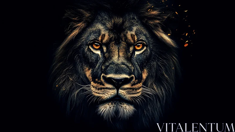 Majestic lion portrait emerges from darkness with fiery gaze