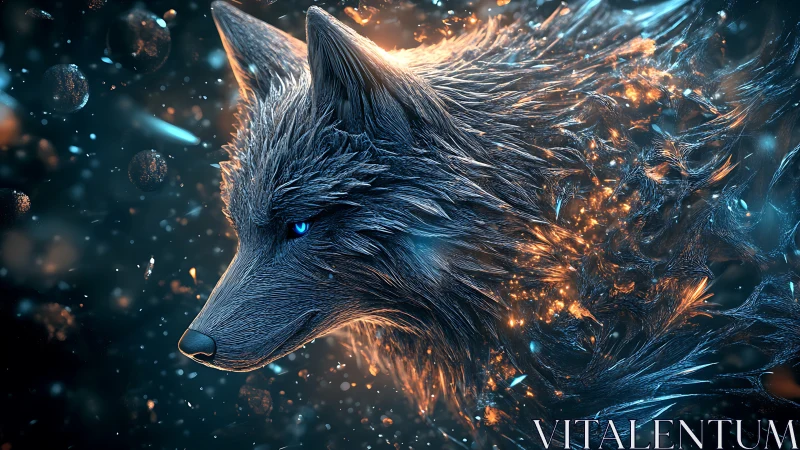 Stellar emberwolf dissolving into cosmic sparks of night.