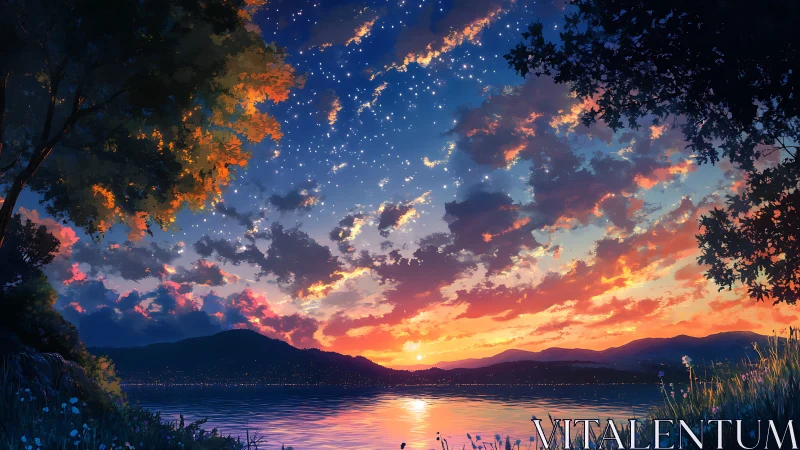 Star-kissed lakeside sunset wrapped in gentle twilight calm.