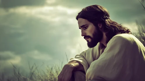 Contemplative robed man seated in soft outdoor light.