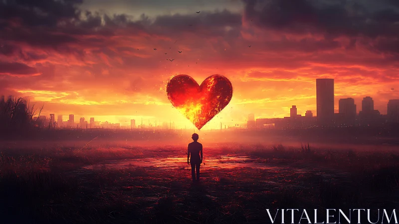 Solitary Figure Beneath Burning Heart Balloon at Dusk.