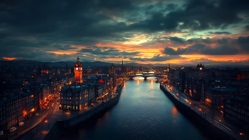 Moody river cityscape under cinematic twilight skies.