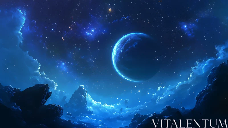 Planetary horizon in blue nebular starfield at night time.