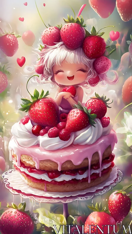 Whimsical Character Crowned with Layered Strawberry Cake and Fresh Berries.