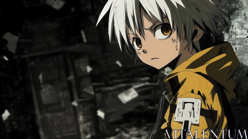 Defiant anime boy in yellow jacket dominates a ruined alleyway