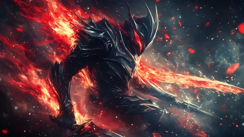 Incandescent voidknight in ablative obsidian armor, mid-strike.