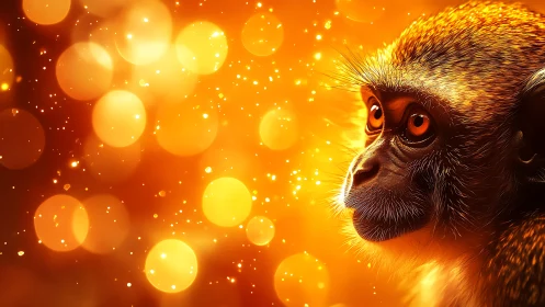 Side profile of monkey against bright orange bokeh field.
