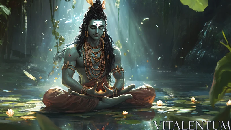 Serene meditating deity glowing in a tranquil forest pool.