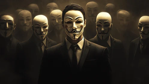 Suited masked collective in cinematic low key chiaroscuro.