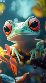 Ruby-eyed tree frog pauses on glowing rainforest perch.