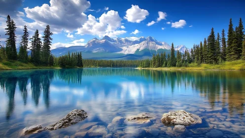 Mountain lake with evergreen forest and reflective water surface.