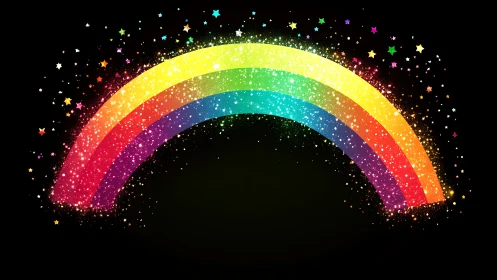 Glittering rainbow arc sparkles across deep black sky.