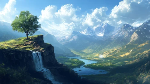 Digital mountain valley landscape depicts river and waterfall