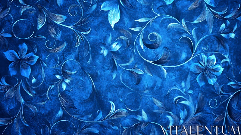 Intricate blue floral scrollwork with etched line shading and depth